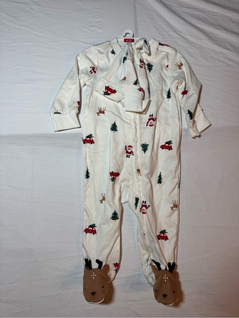 Kids Holiday Footed One-Piece Pajamas - Cream with Red & Green Holiday Print